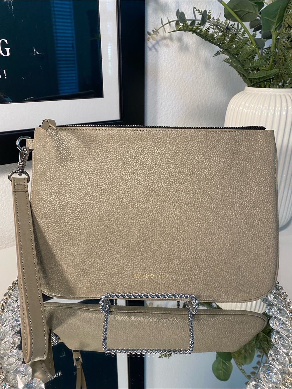 NWOT BANDOLIER Leather Ava Clutch In Griege